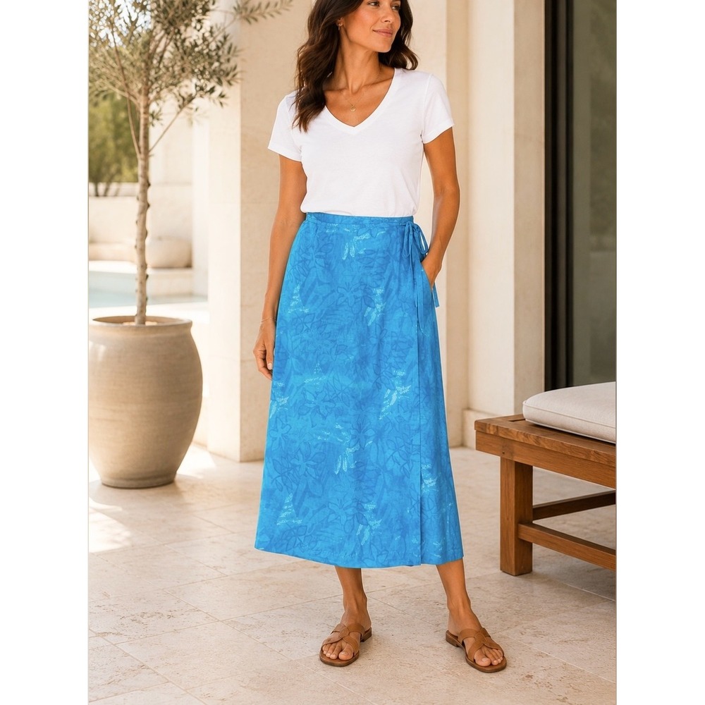 Linen Blend Maxi Wrap Skirt Size 14 Tropical Beach Resort Vacation Blue Vintage
